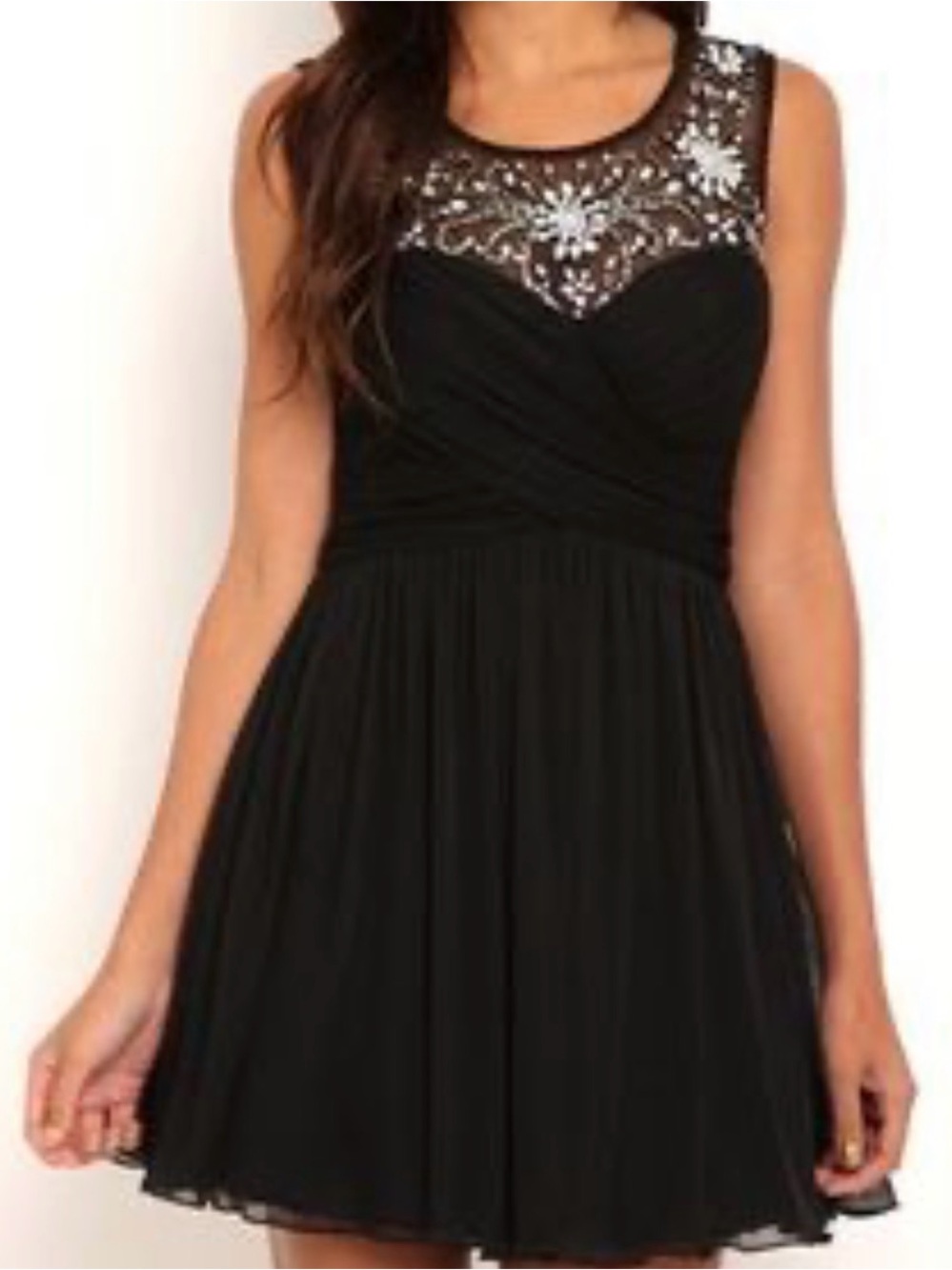 Deb Black Embellished Mesh Yoke Mini Dress